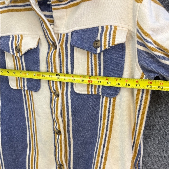 Aerie Oversized Heavy Flannel Striped Shirt Jacket Cream Blue Mustard Small - Picture 15 of 16